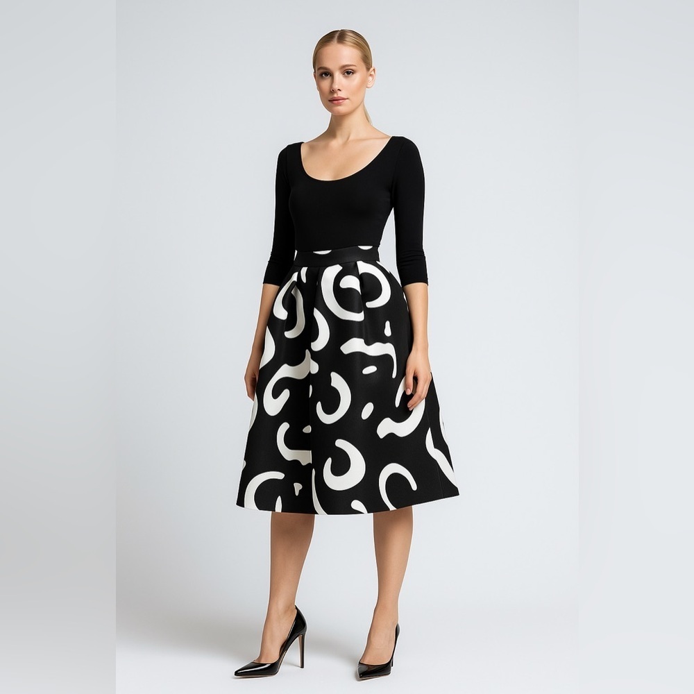 Gumuxi Abstract Print Structured Taffeta Knee Length Tea Skirt Black White Swirl